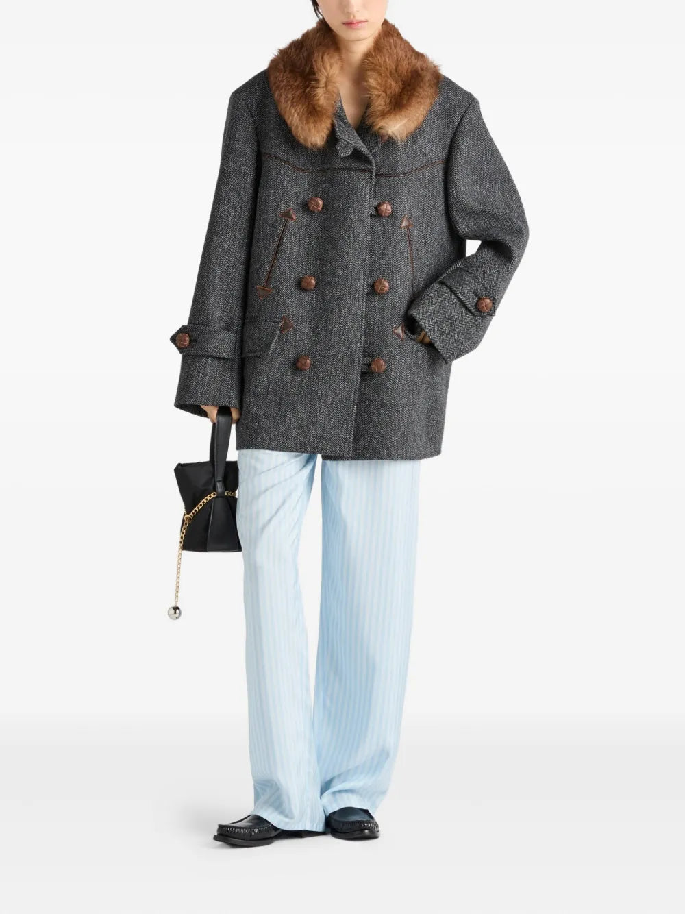 Herringbone fur-collar coat